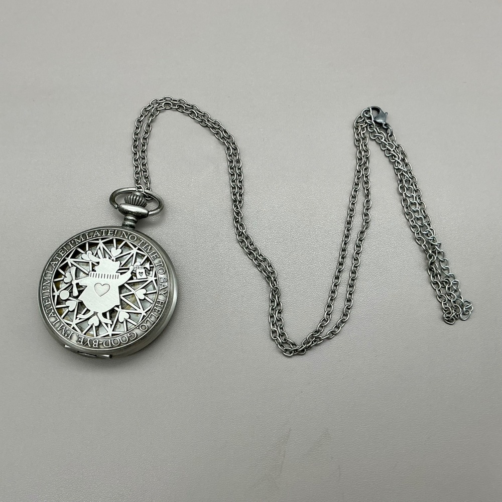 Disney Pocket Watch Silver Tone Alice In Wonderland White Rabbit NEW BATTERY